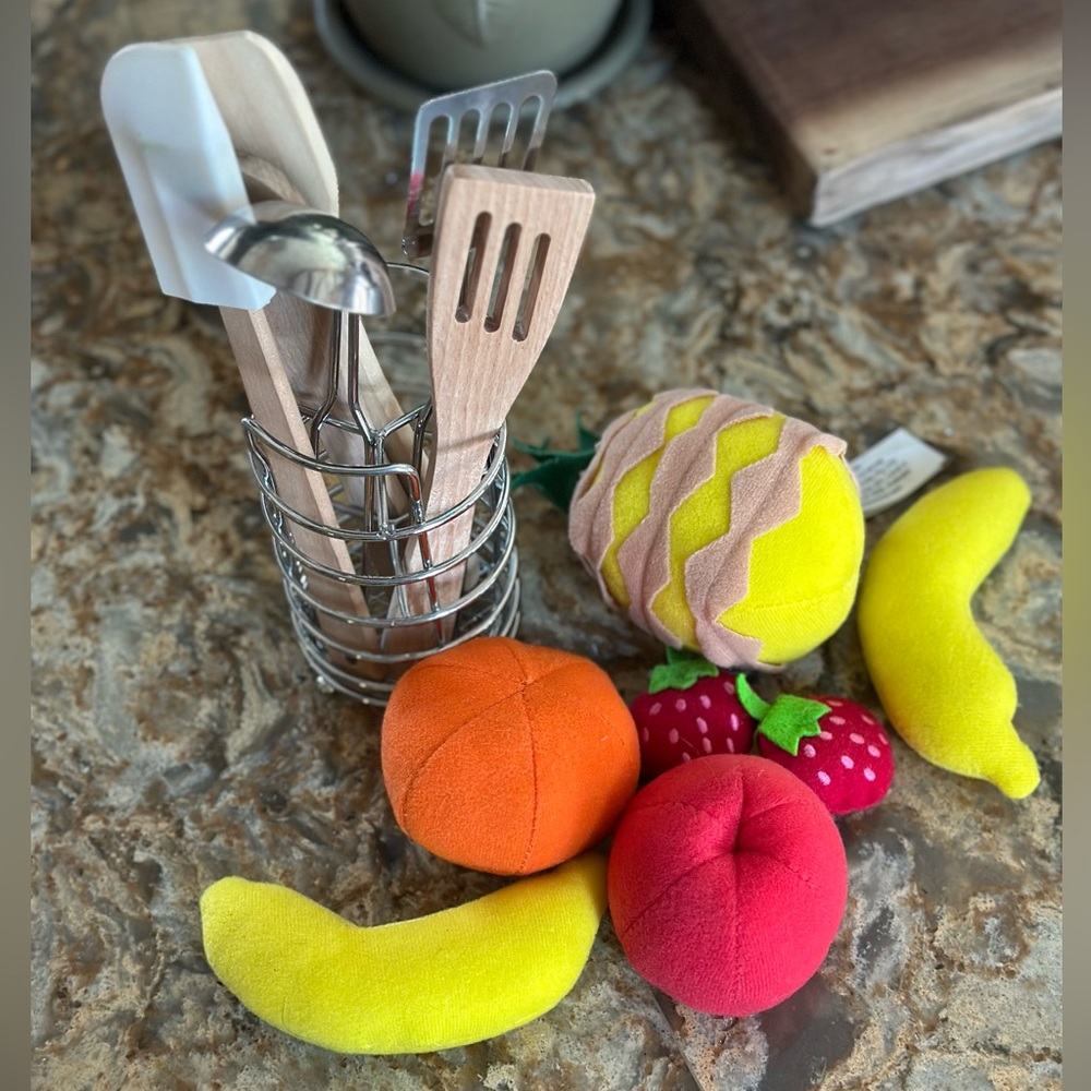 Pottery Barn Kids Play Food & Wooden + Stainless Kitchen Utensil Set Bundle